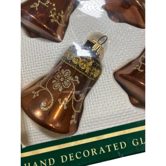 Glass Christmas Ornaments Bell Shape Set Of 4 Gold Accents Vintage Style Boxed - Picture 3 of 12
